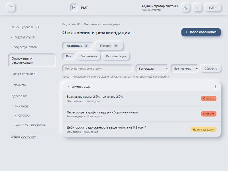 Отклонения и рекомендации: список активных записей по месяцам